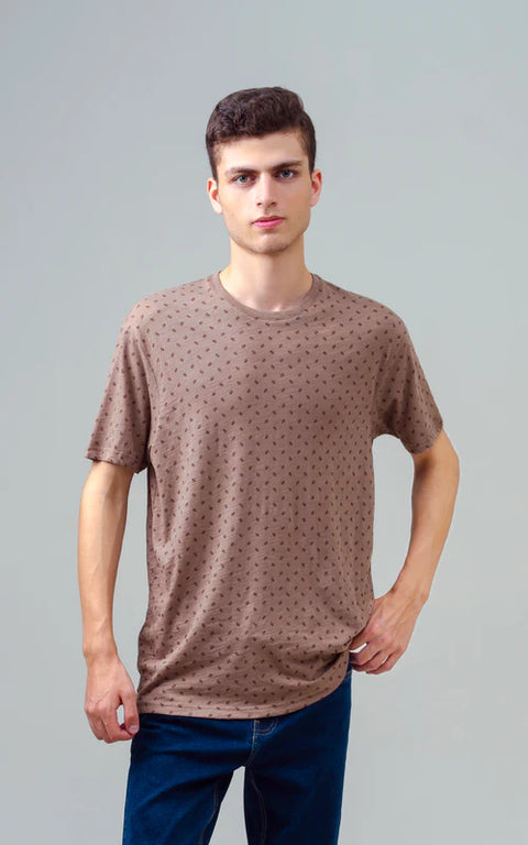 Men's Brown Printed Crew Neck T-Shirt