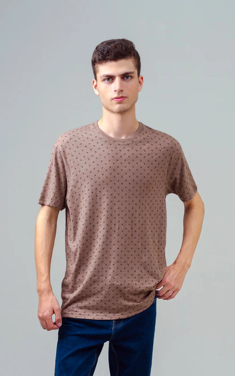 Men's Brown Printed Crew Neck T-Shirt