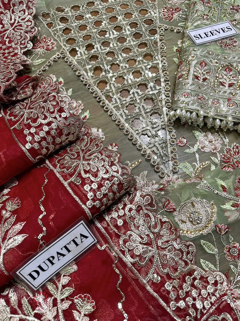 CRIMSON Embroidered Hand Embellished Organza Luxury Unstitched 3pc.